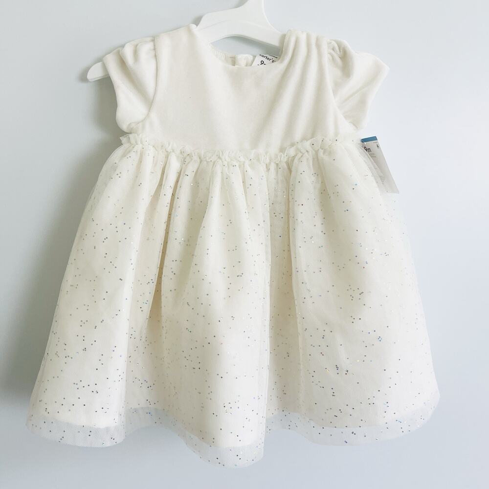 Baby Girls Carters Short Sleeve Off White Sparkly Tulle Mesh Dress -9 Months